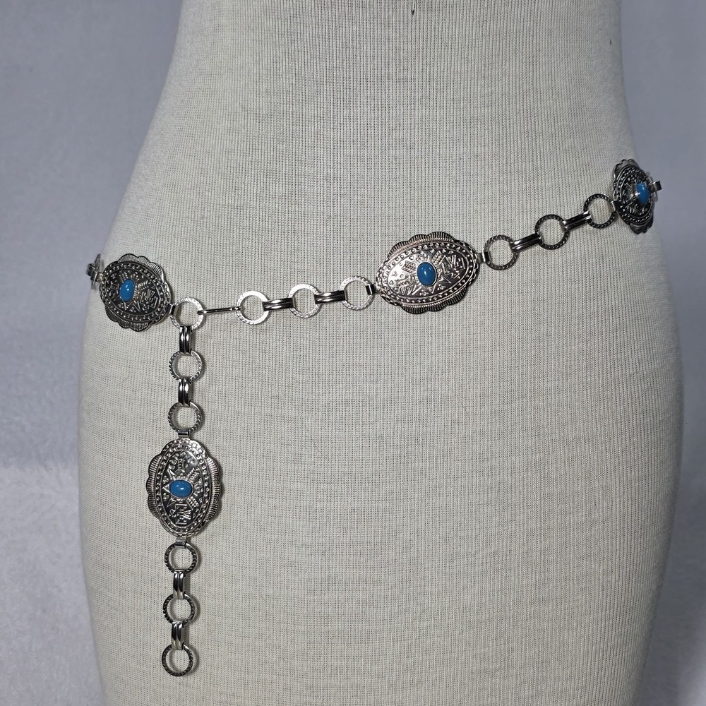 Women's Western Turquoise Blue Stone Oval Concho Chain Belt Boho Festival Vibes